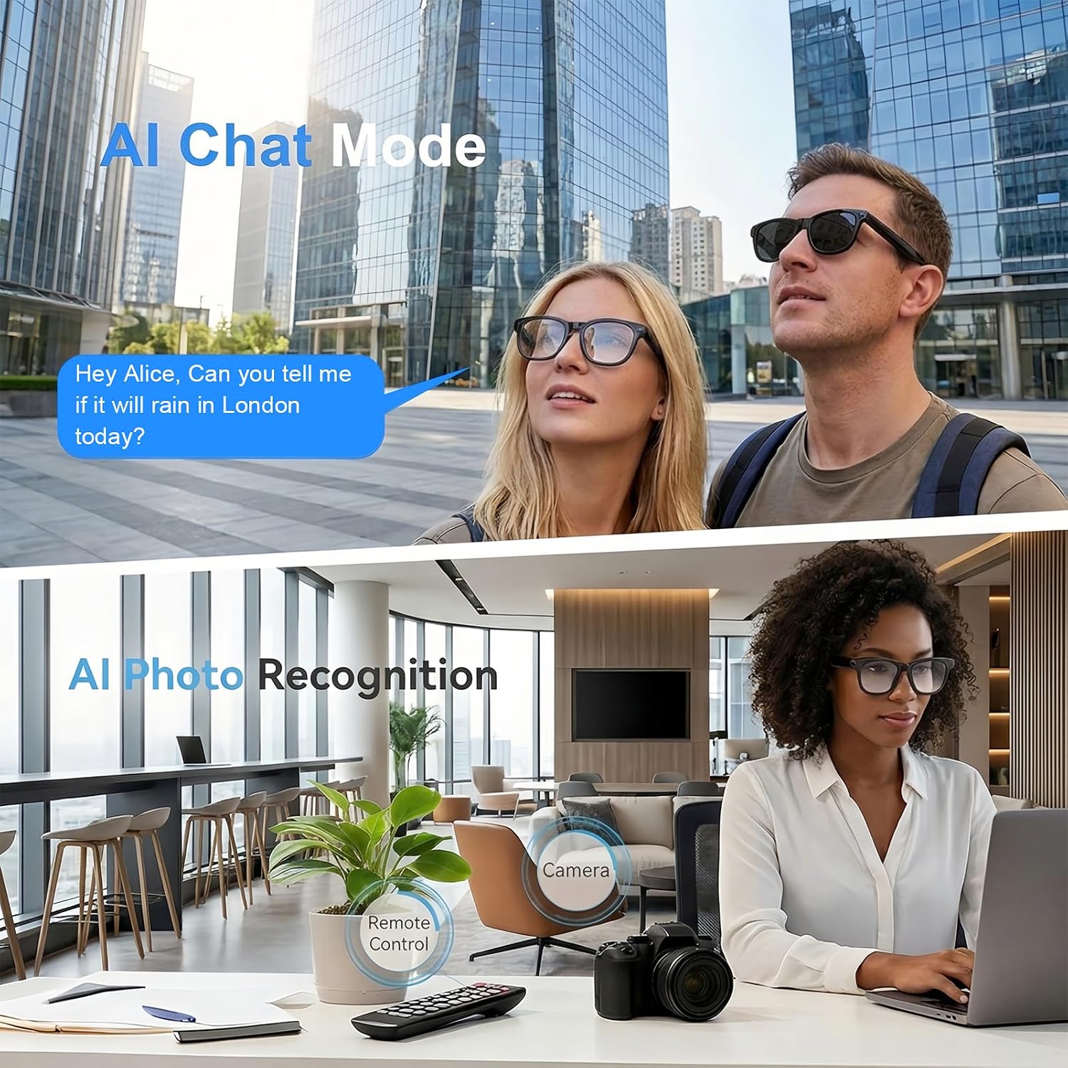 AI Smart Glasses with Camera, 8MP HD Bluetooth Camera Glasses for Women Men | 1080P Video Recording Sunglasses, Real Time Translation, Voice Assistant, Open Earbuds, Travel, Work, Vlog - Image 3