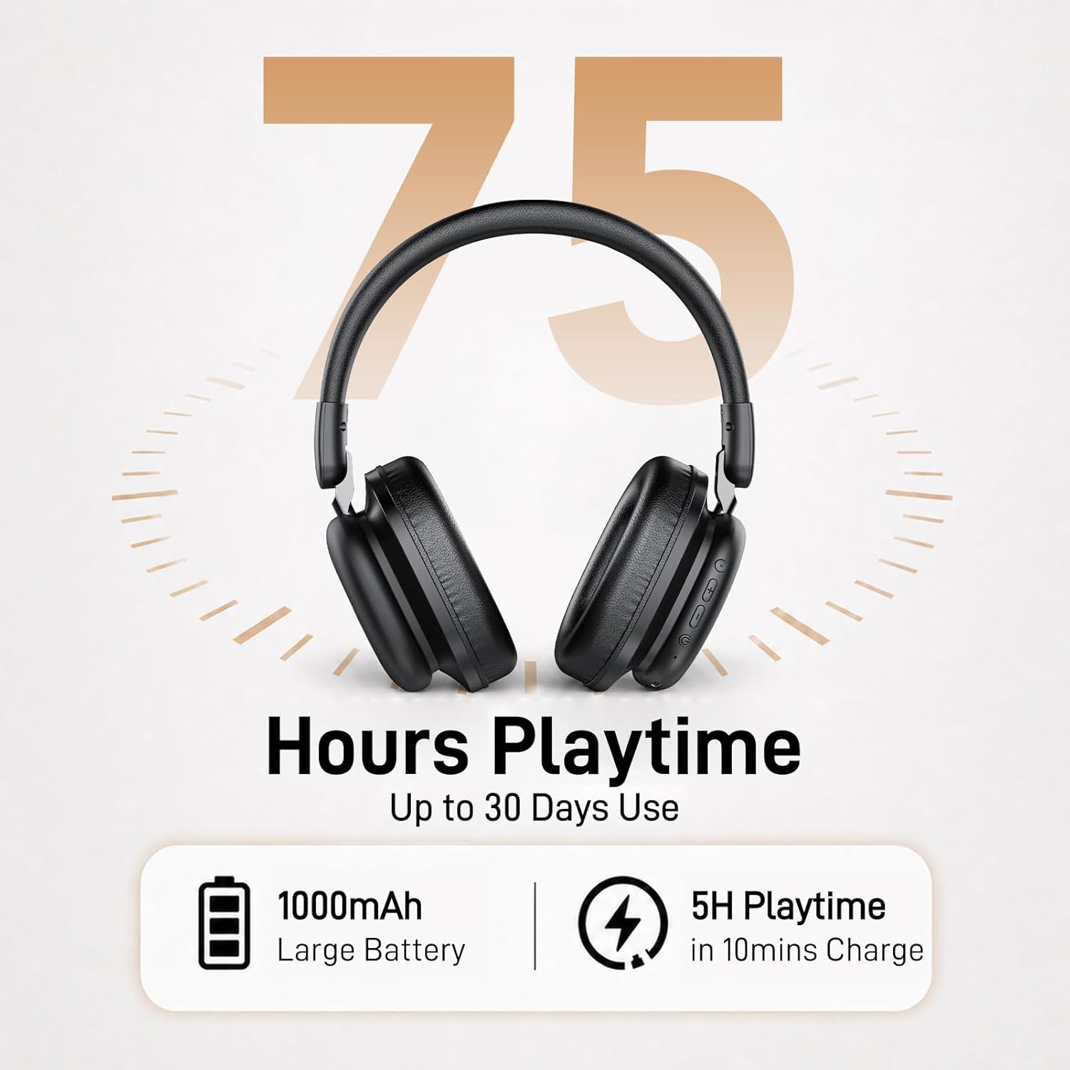 Bluetooth Headphones Over Ear, 75H Playtime Wireless Headphones with Microphone, Foldable Lightweight Headset with 3 EQ Modes, 3D Stereo Sound Low Latency for Travel Work Cellphone - Image 4